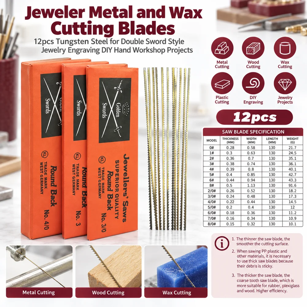 Jeweler Metal and Wax Cutting Blades, 12pcs Tungsten Steel for Double Sword Style Jewelry Engraving DIY Hand Workshop Projects