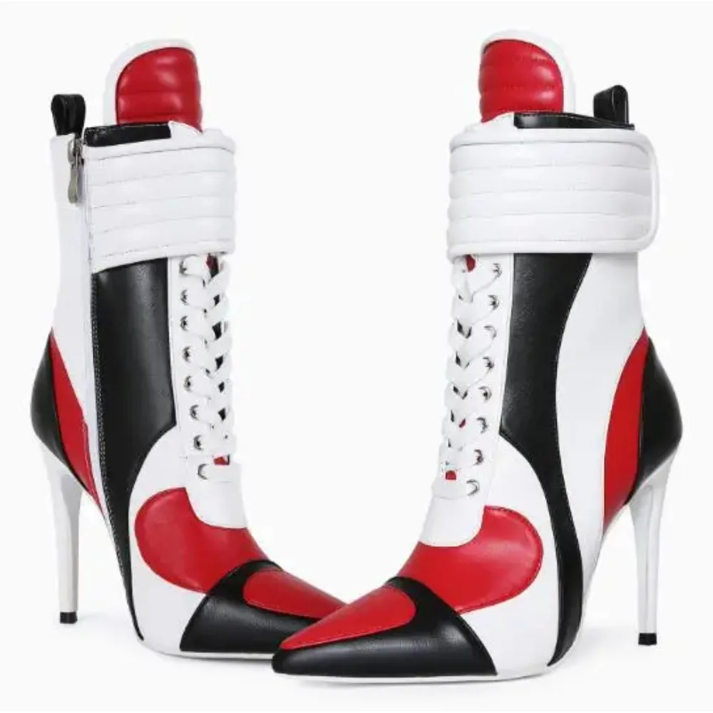 Autumn Women White Black Red Patchwork Leather Cross Tied Mid-calf Boots Lady Zipper Side Thin Heels Motorcycle Short Booties