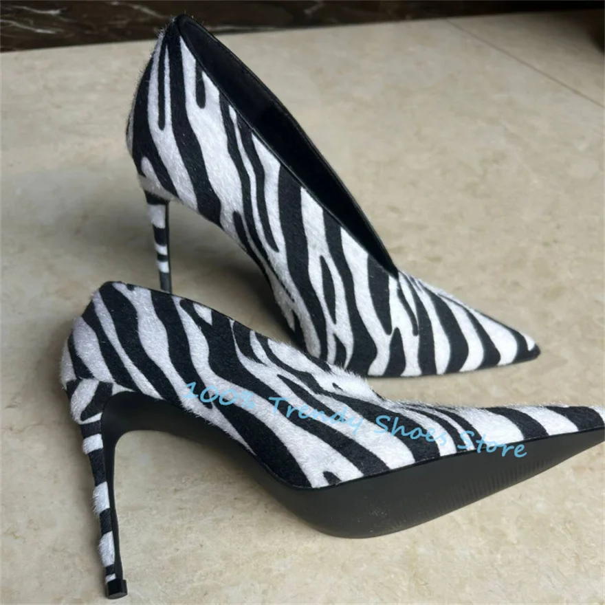 Sexy Zebra Pattern Pointed Toe Stiletto Women Pumps Wedding Catawalk Dress Shoes Ladies High Heel Shallow Slip-On Sandals