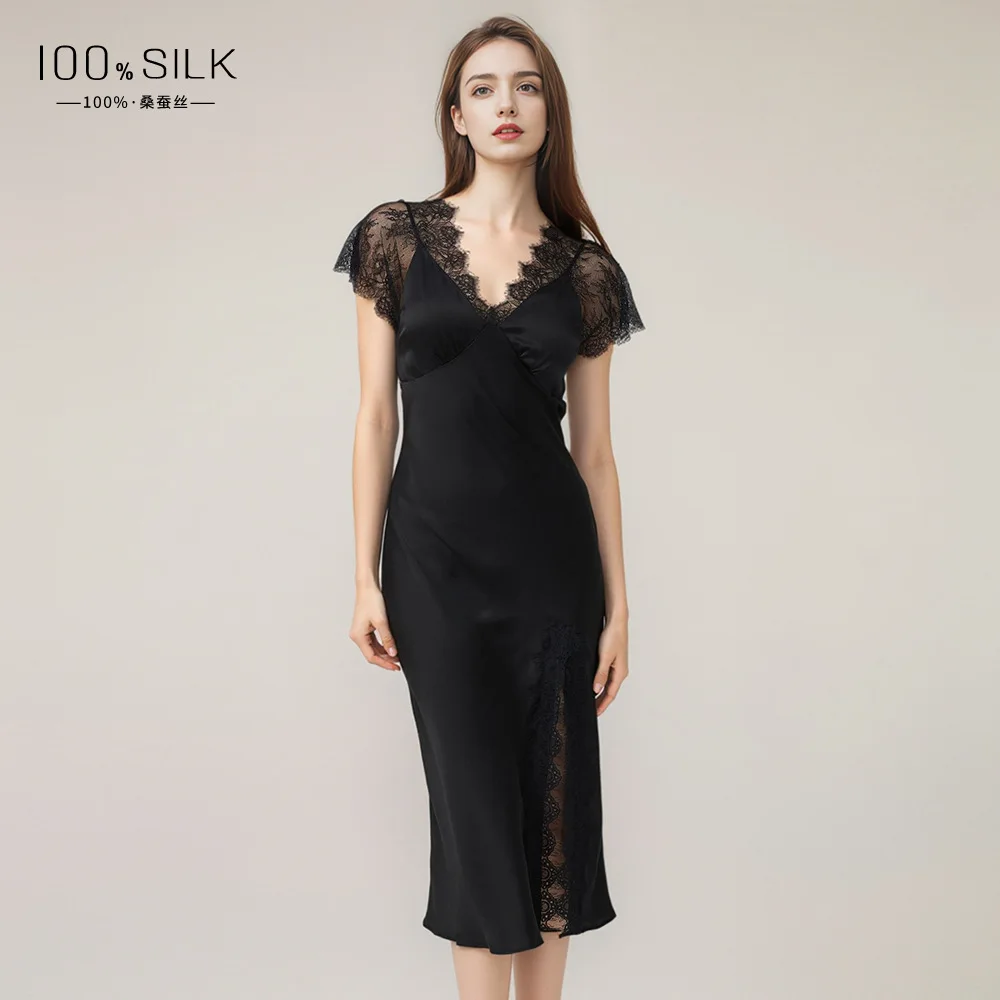 19 MM Heavyweight Mulberry Silk Nightdress Slim-Fit Elegant Strappy Nightgown with Built-in Padded & High Slit Luxury Loungewear
