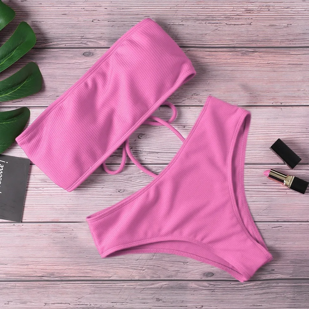 Solid Color Strapless Bikini Set Backless Adjustable Swimsuit High Waist Soft Padded Bra Bathing Suit Summer
