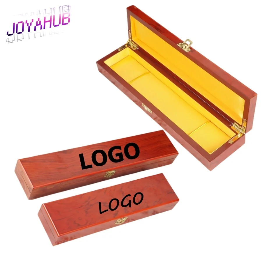 Custom Logo Vintage Mahogany Color Wooden Storage Box Elongated Design Case for Bracelet chain/Calligraphy Brushes/Buddha Beads