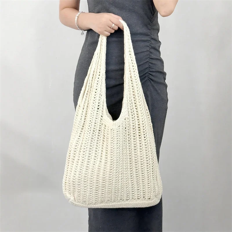 Solid Color Large Capacity Knitting Shoulder Bag Bohemian Crochet Tote Hollow out Woven Handbag Casual Summer