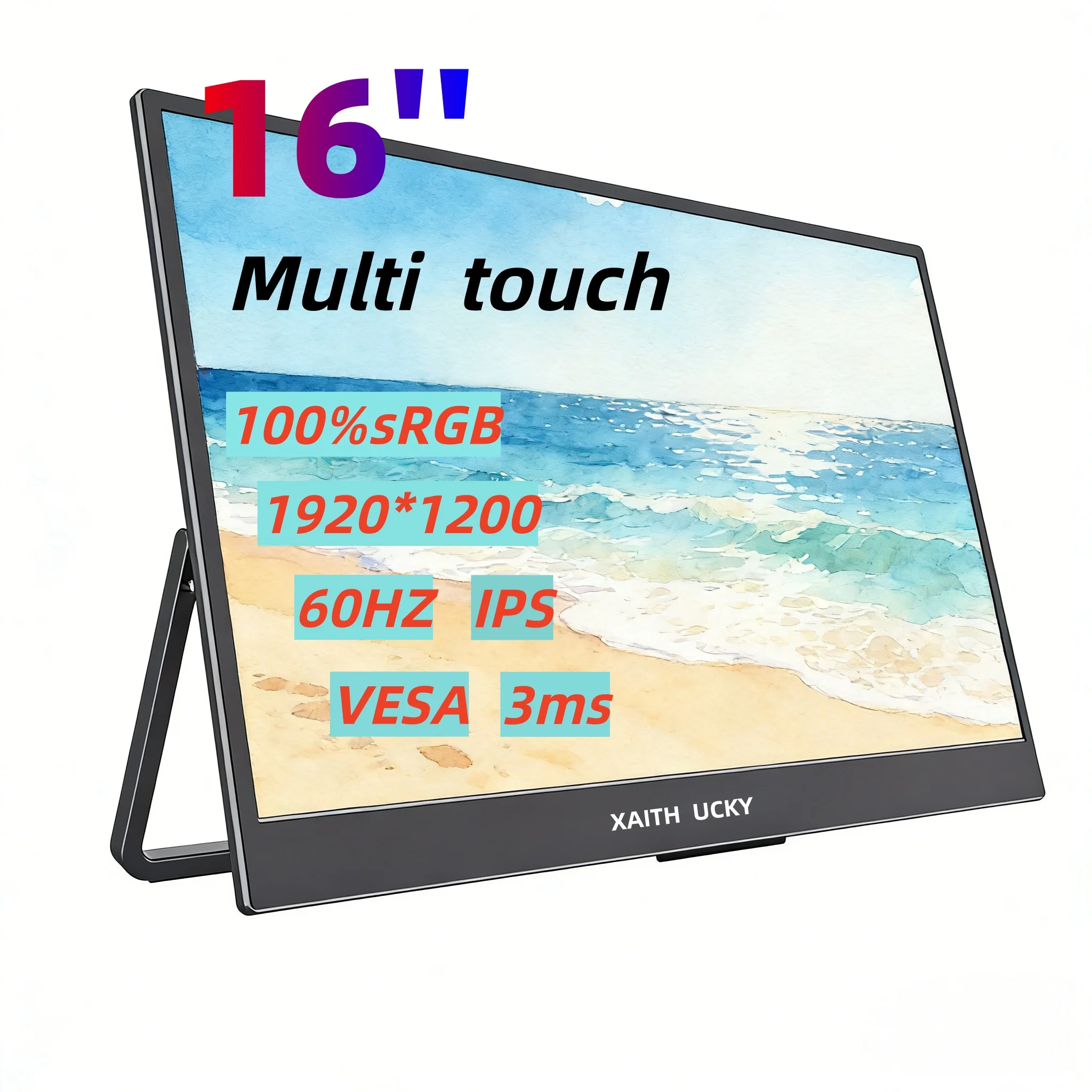 XAITH UCKY 16 Inch HD Portable Monitor, 16:10 Aspect Ratio 1200P IPS Screen, Touch & Non-Touch Optional, HDR Supported, Compatib