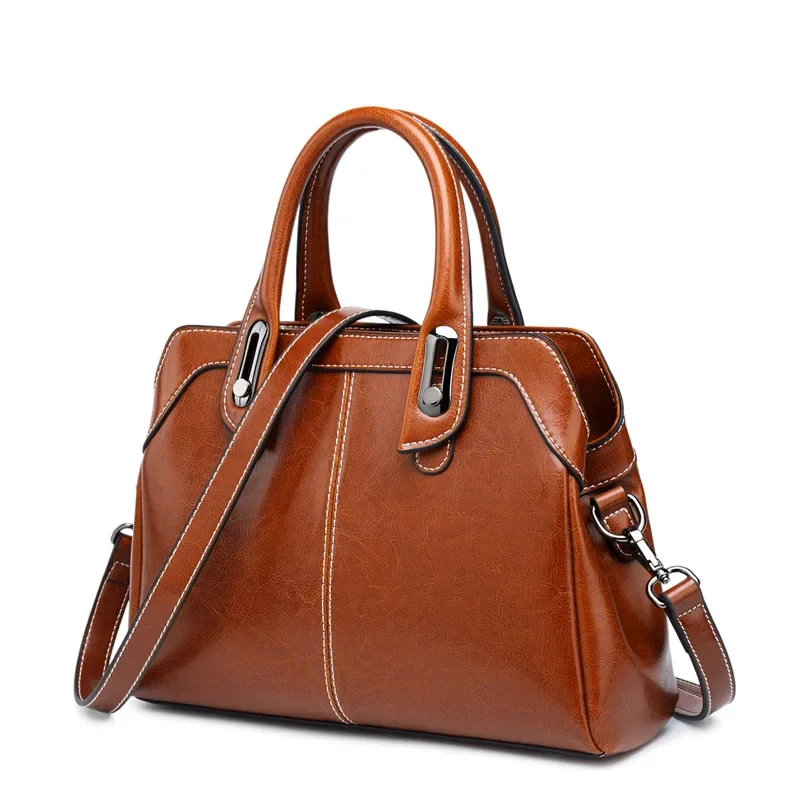 Fashion Oil Wax Cowhide Purses and Handbags Messenger Tote Bags Genuine Leather Women Handbag Top Handle Shoulder Cross body Bag