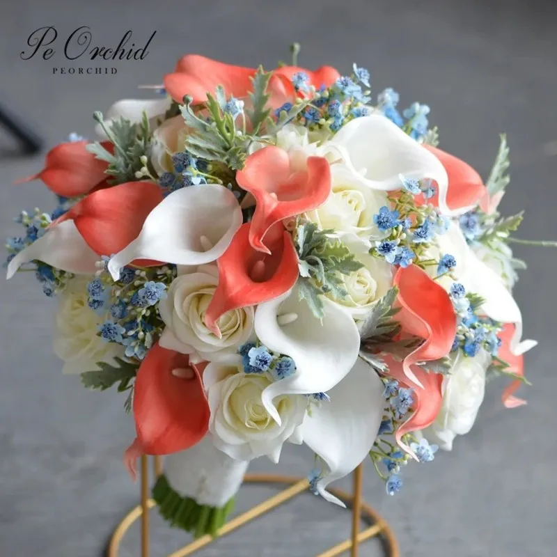 PEORCHID Coral Bridal Bouquet Rustic Silk Flowers Real Touch Calla Lilies Ivory White Roses Artificial Bride Bouqet 2022