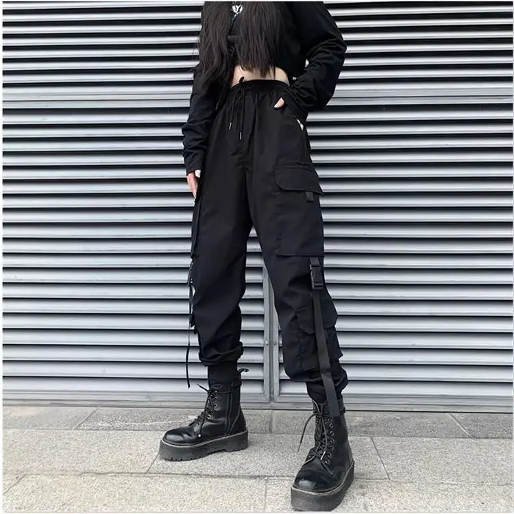 Spring and Autumn 2026 New Tied Feet Pure Cotton Overalls Women's Thin and Handsome Trendy Locomotive Hip Hop Black Casual Pants