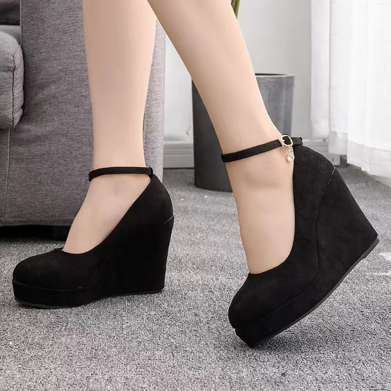 Women's Slope Heels Four Seasons Versatile Universal Ankle Buckle High Heels Party Red Wedding Dress Women's Shoes Large 42