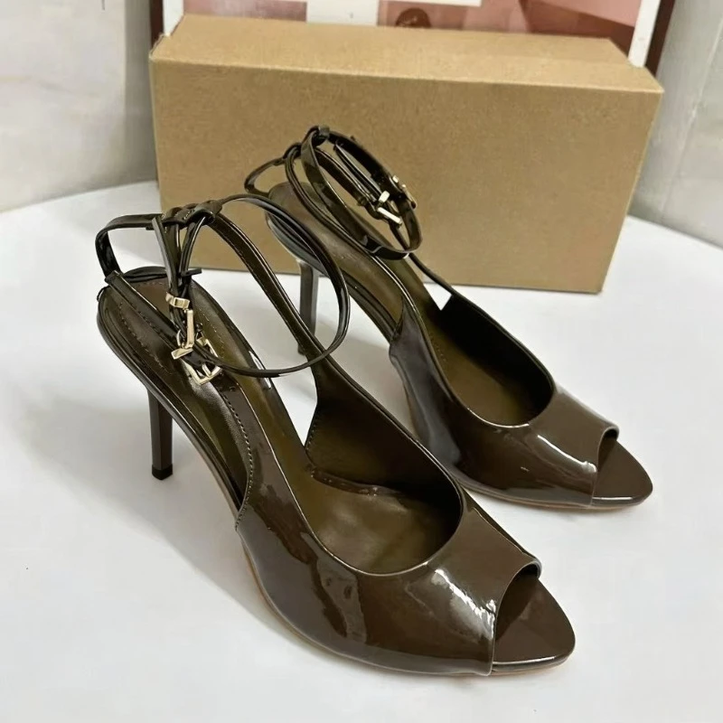 Women's Elegant Olive Patent Peep Toe Slingback Ankle Strap Stiletto High Heel Sandals Party Dress Summer Footwear 2026