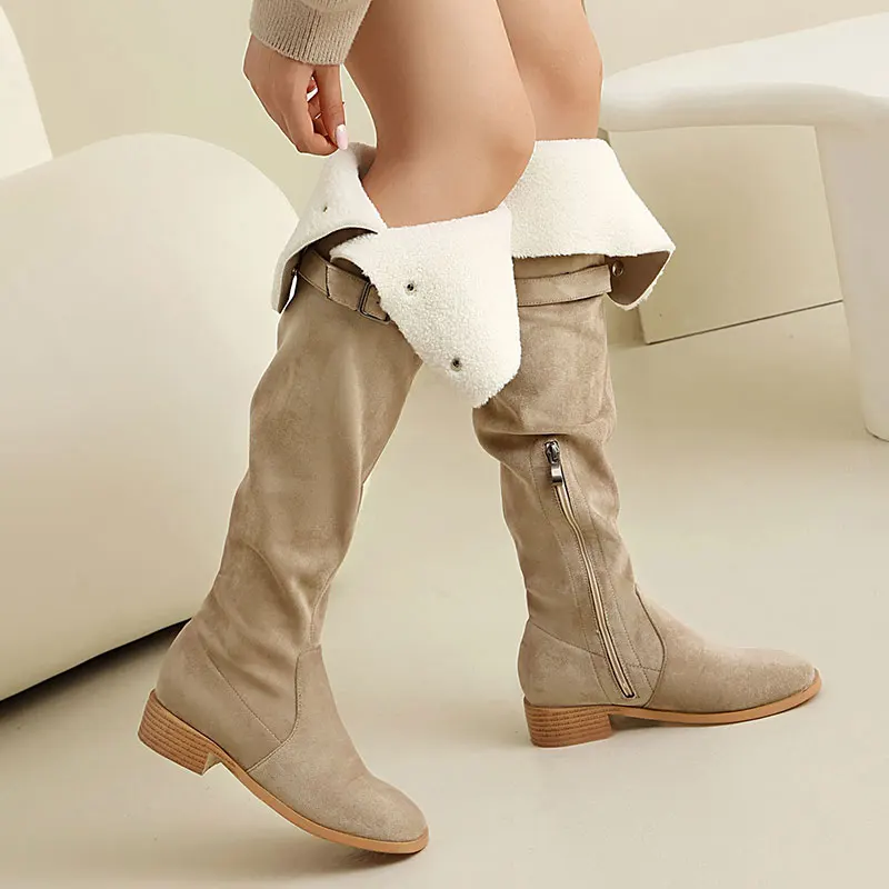 2025 Autumn New Suede Over-the-Knee Boots Women's Side Zipper Middle Heel Fashion Long Boots Black Size 34-46 Botas Mujer