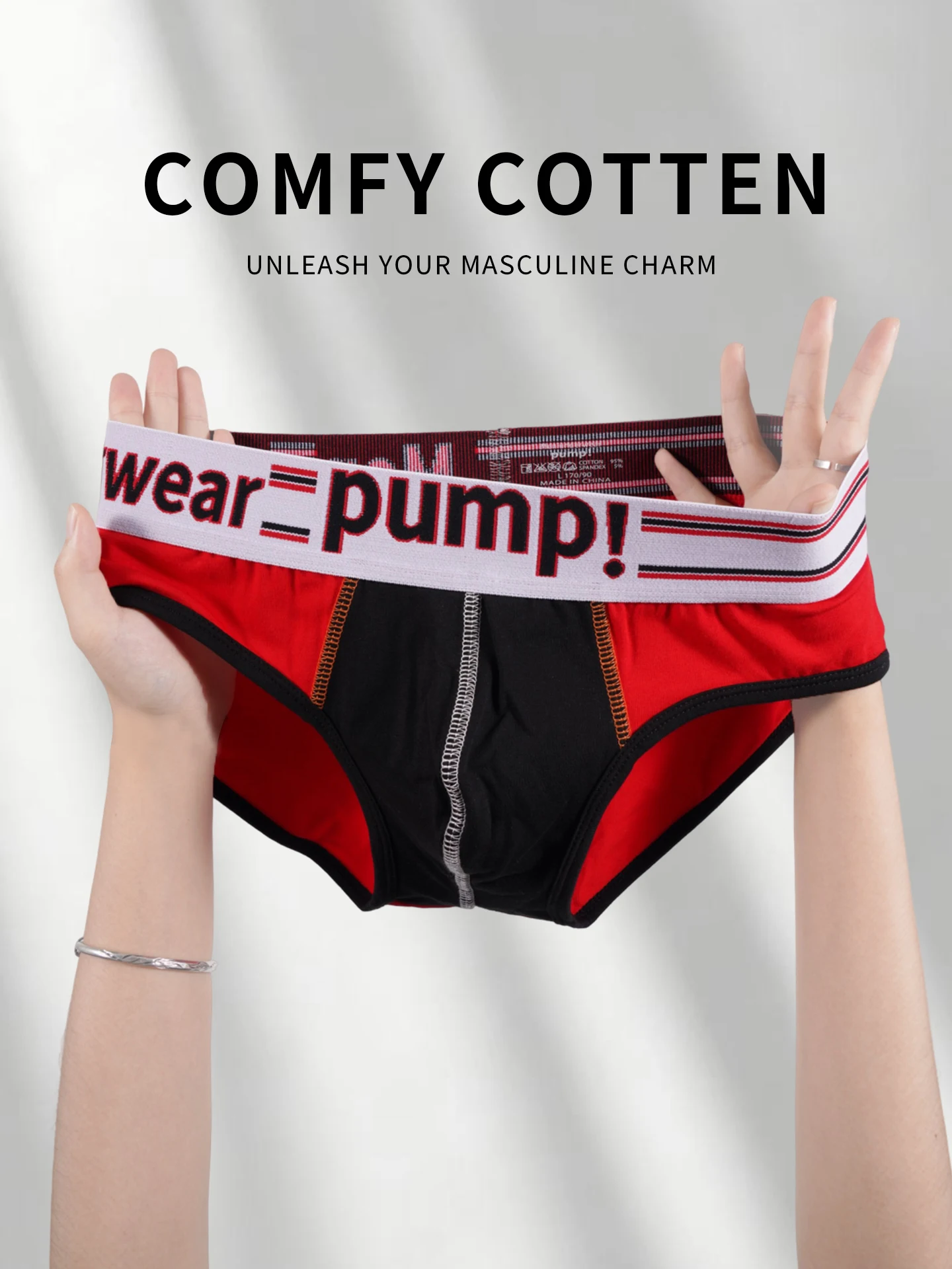 Men's Cotton Color Block Briefs, Pump! Logo Wide Waistband Low Rise Sexy 3D Convex Pouch Underwear