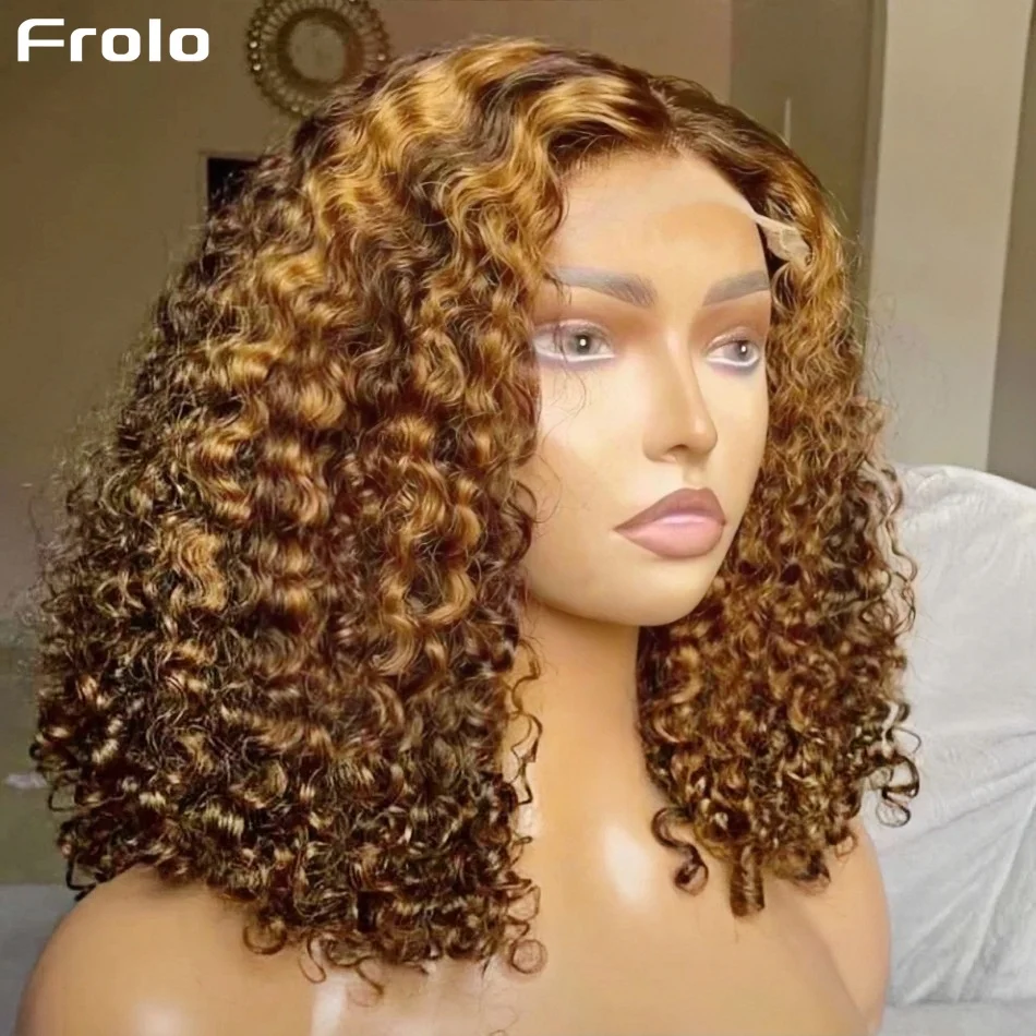 Highlight Short Bob Wig Deep Wave Glueless 5X5 Hd Lace Frontal Wig Culry Human Hair Wigs 250% Density Honey Blonde P427 Ombre Colored Bob Wig Human Hair