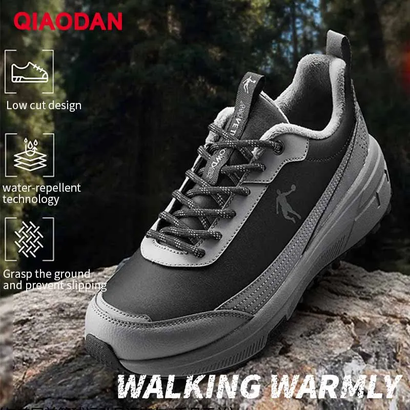 QIAODAN Men Hiking Shoes Winter Fleece Lined Leather Nonskid Sport Shoes Mountaineer Lightweight Outdoor Sneakers QXG193254915B