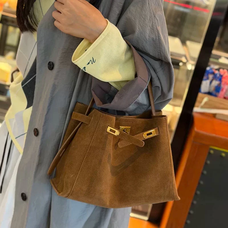 Women Suede Leather Fashion Handbag Top Handle Shoulder Bag Ladies Vintage Matte Nap Suede Purse Female Gold Hardware 2026