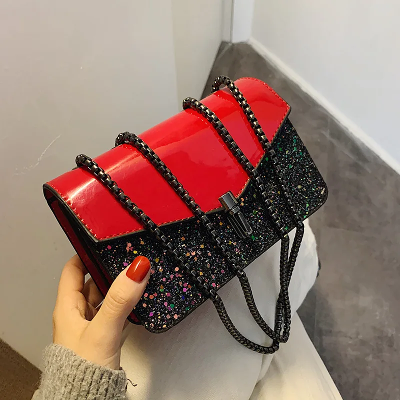 Color blocking sequin small square bag 2026 spring new style patent leather shoulder bag crossbody women's bag