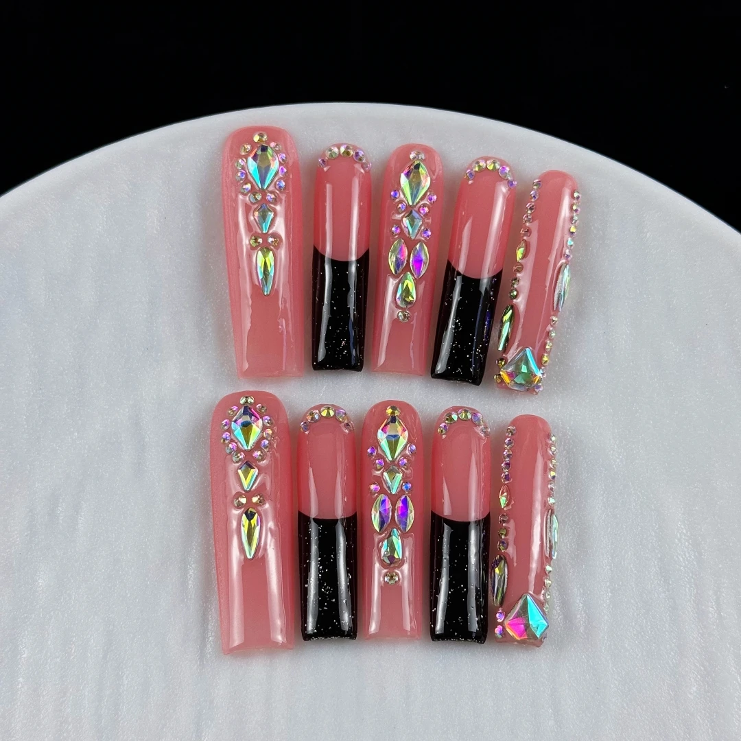 10pcs High-end Sweet girl style, hand-painted three-dimensional square diamond, fine glittering small diamond handmade fake nail
