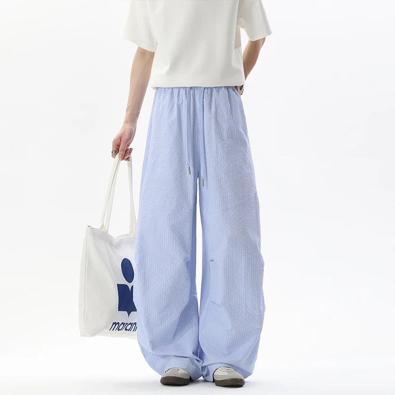 Men's Light Blue Loose Fit Pants Summer Casual High Waist Wide Leg Trousers Breathable Textured Fabric Elastic Waist Lounge Wear