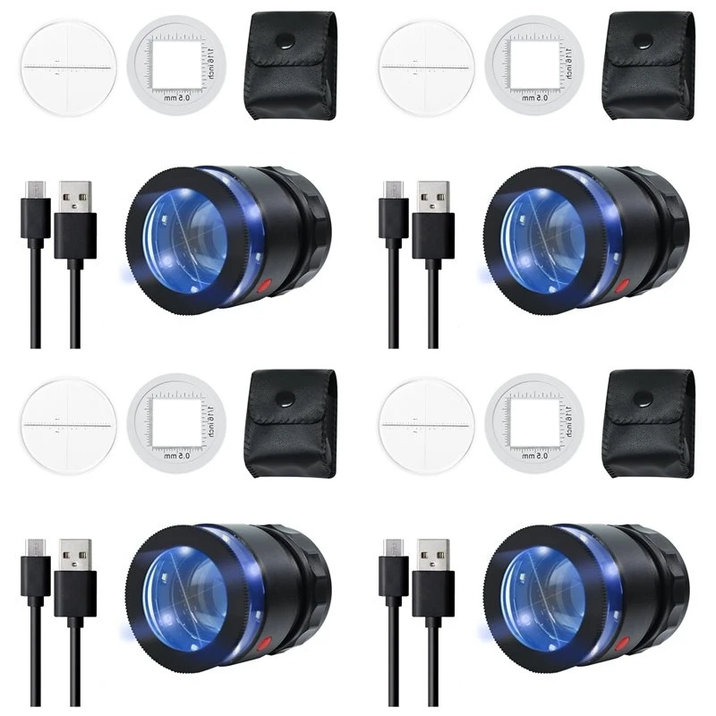 4Pcs Loupe Magnifier 10X,Rechargeable Magnifying Glass With LED Light And Scale, Adjustable Focal Length Magnifier