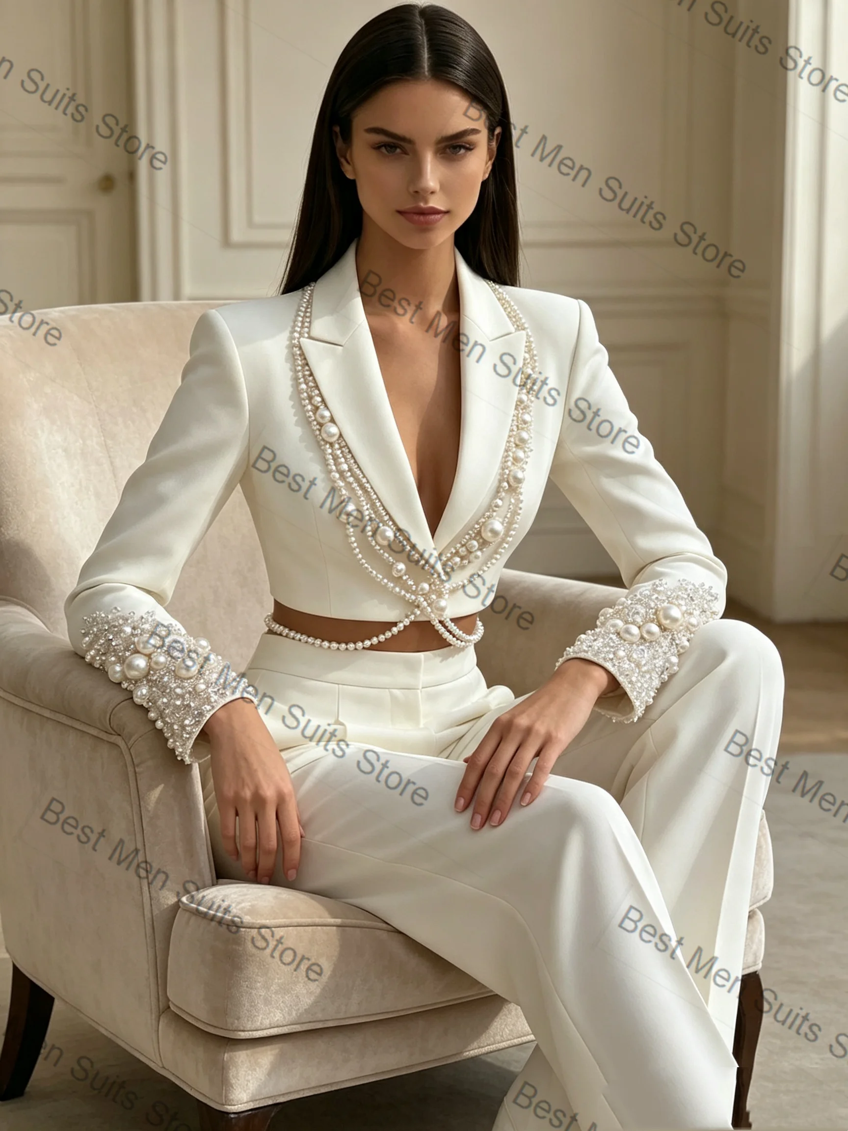 Crystals Beading Women Suit Pants Set 2 Pcs Short Blazer+Trousers Formal Office Jacket Customized Wedding Tuxedo Guest Coat