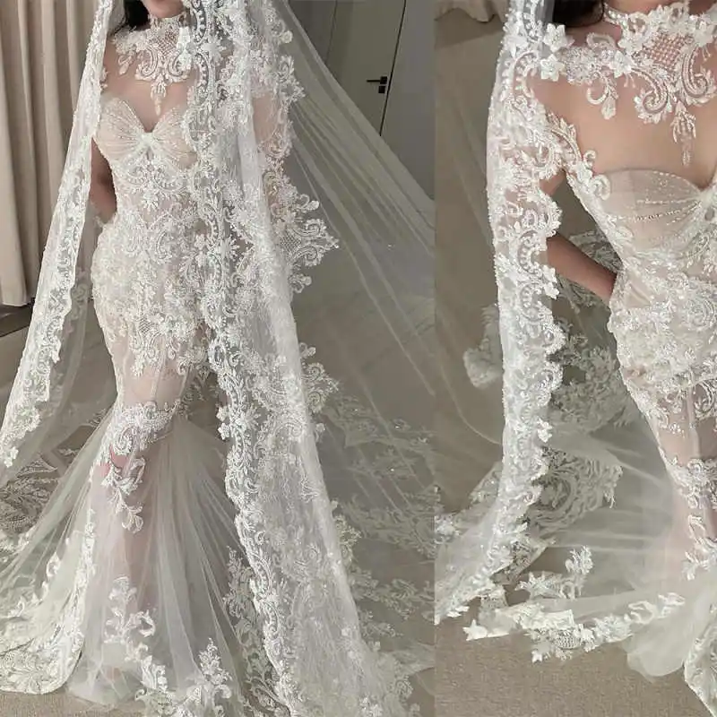 Luxury Cathedral Wedding Bridal Veils Women's One-Layer Tulle Full Floral Appliques Lace For Marriage Bride Women Accessories