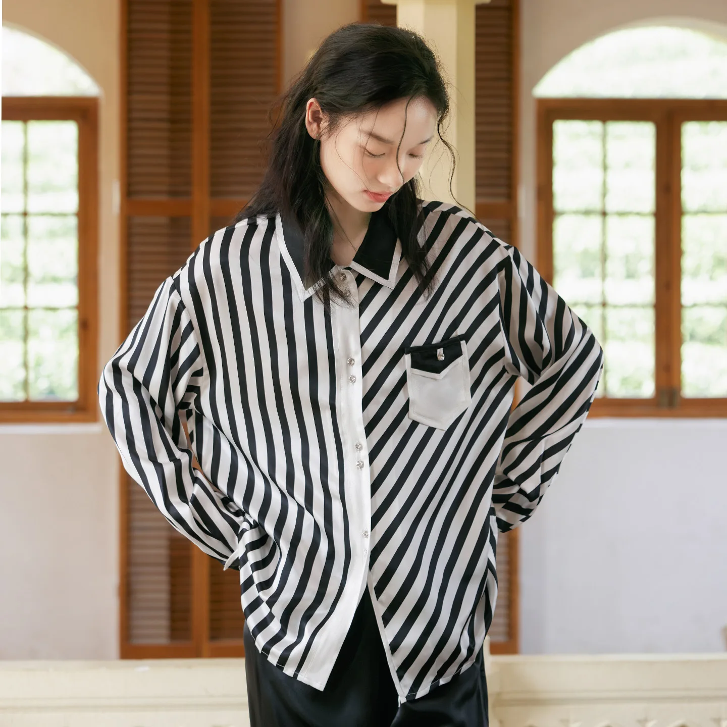 2026 100% Mulberry Silk Striped Patchwork Pajama Suit Women Long Sleeve 2 Pieces Satin Loungewear Wearable Outside Sleepwear PJs