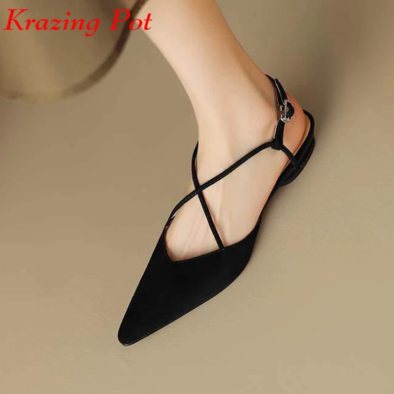 Krazing Pot Fashion Sheep Suede Shallow Summer Shoes Gladiator Princess Pointed Toe Low Heels Buckle Straps Sweet Women Pumps