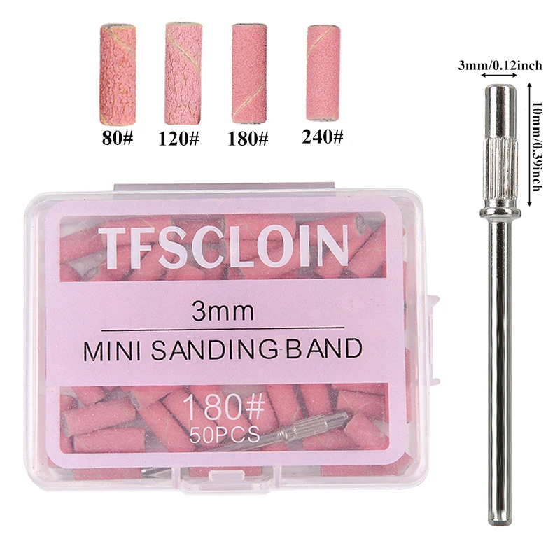 50pcs/box 3mm Mini Nail Sanding Bands With Mandrel Sets For Dead Skin Calluses Polishing Manicure Tool Grits #80#120#180#240