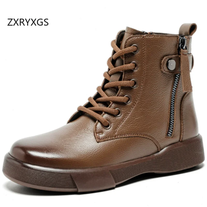 ZXRYXGS Top Cowhide Cross Strap Side Zipper Flat Boots 2026 Large Size Autumn Winter Boots Fashion Versatile Women Ankle Boots