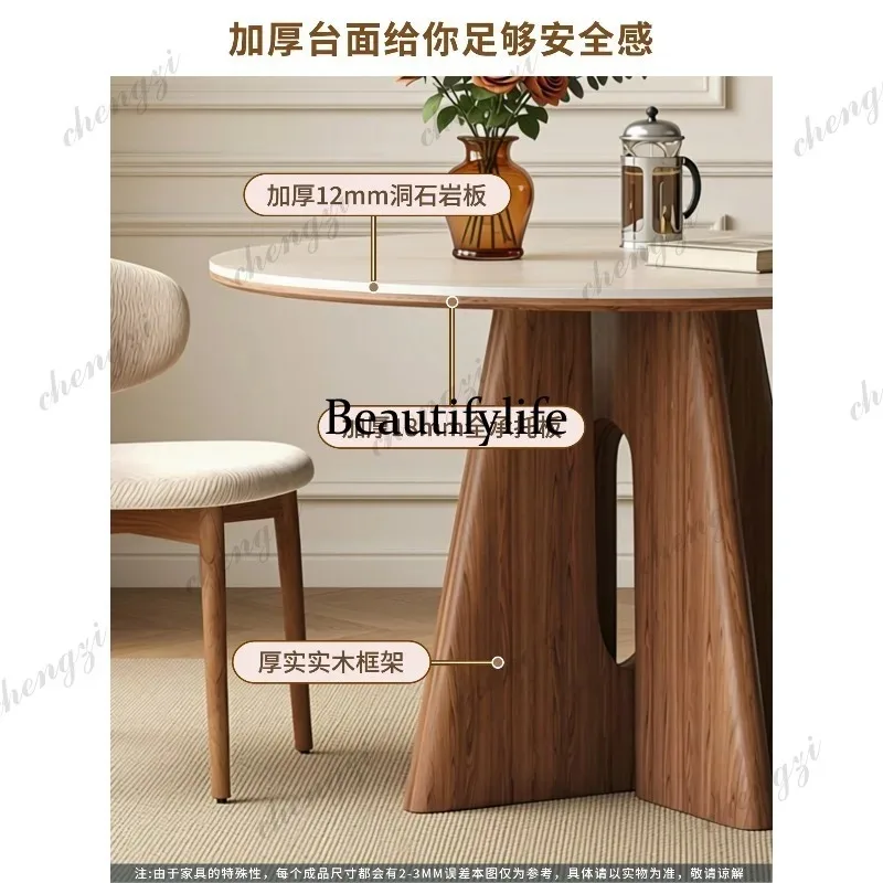 Q181 Medieval style, travertine slate solid wood round table, small apartment living room household ash wood round dining table