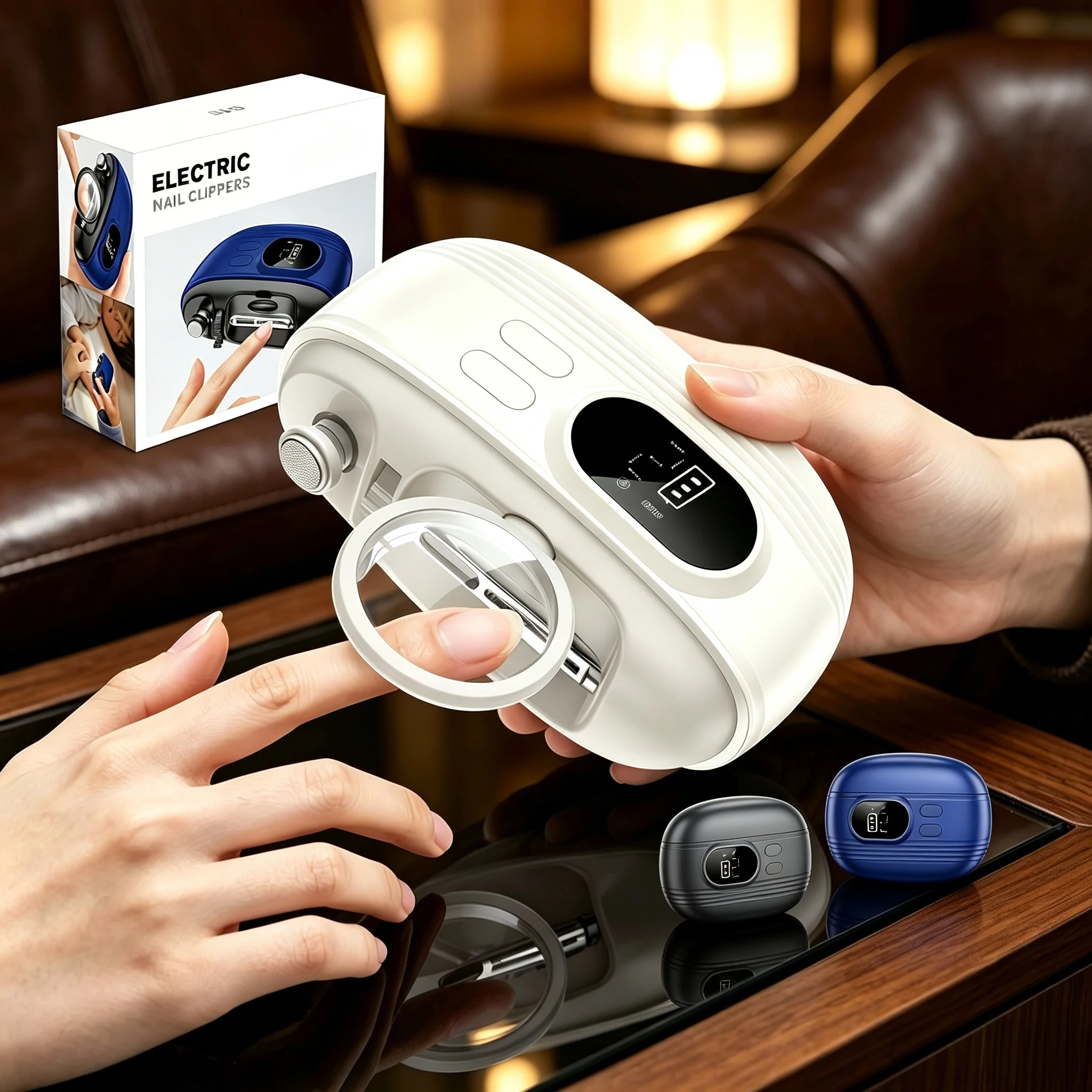 Multi-color Design Electric Nail Clipper, 4-Side Patented Blade, HD Magnifier, Digital Display, Interchangeable Buffing Heads