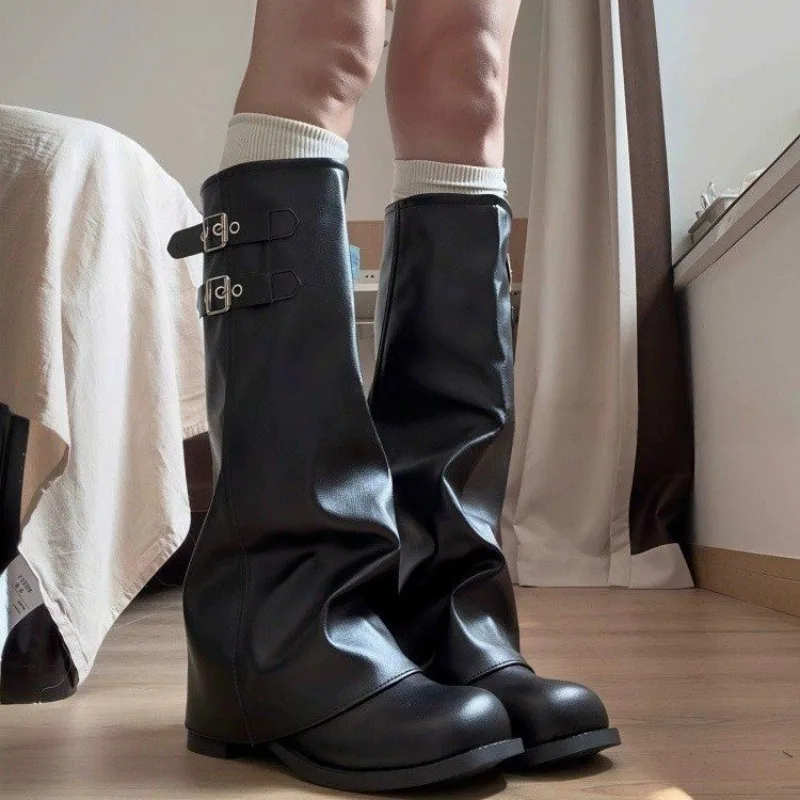 Women Round Toe Knee High Slouch Pants Boots Faux Leather Double Metal Buckle Decor Thick Sole Retro Cowgirl Western Tall Boots