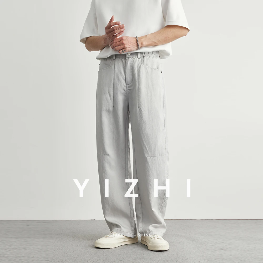 Men's Casual Pants Summer New American Loose Ice Silk Wide Leg Pants Straight Trousers Fashion Button Pocket Nine Point Pants