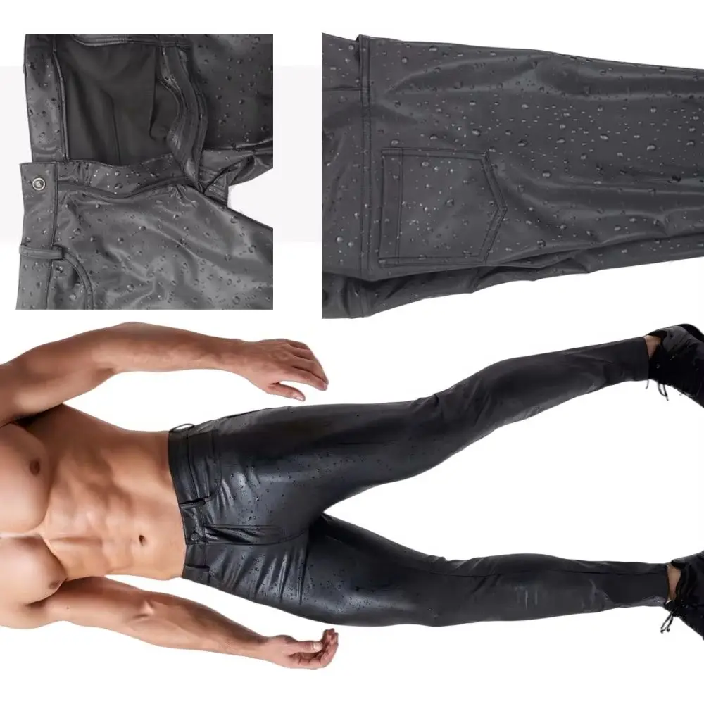 Men's Water Drop Pattern Pu Elastic Leather Pants Nightclub Skinny Biker Leggings Jeans Style Stage Performance Pencil Trousers