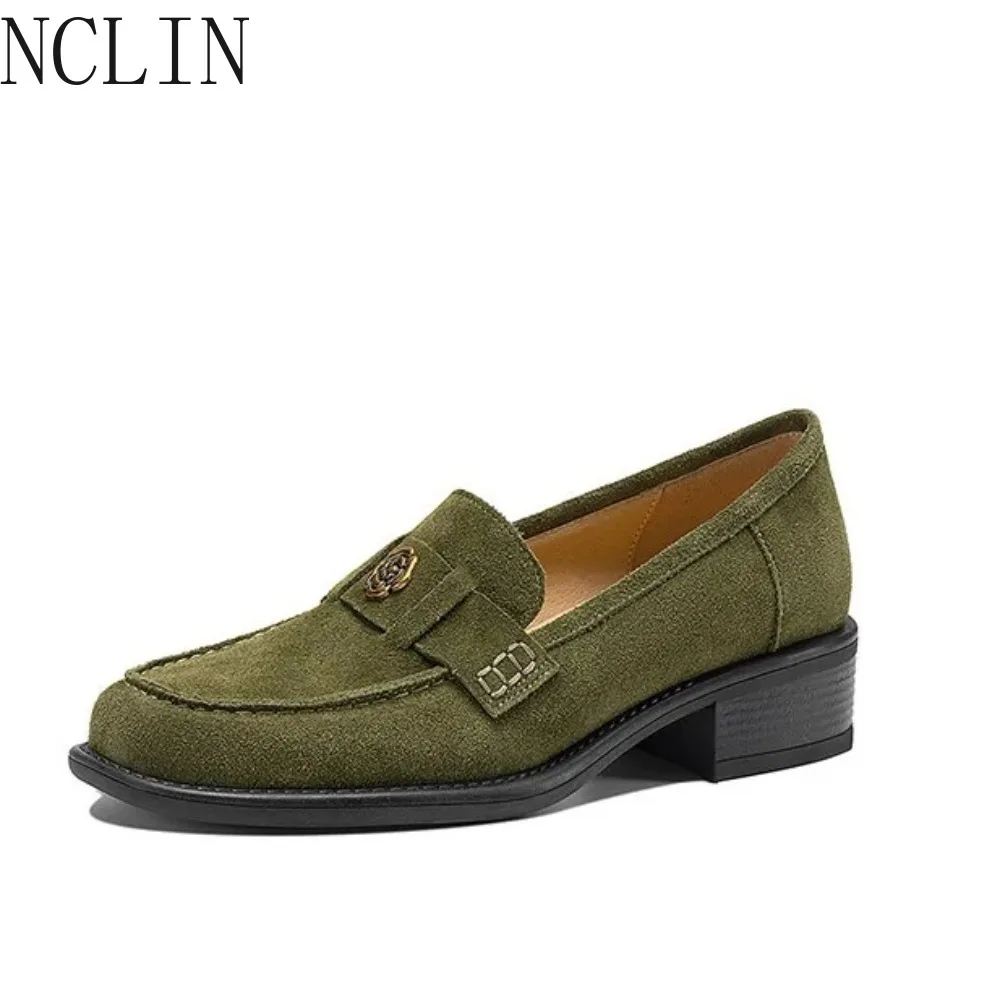 New Spring/Autumn Cow Suede Women Shoes Fashion Retro Square Toe Shoes for Women Mid Heels Women Pumps Handmade Green Loafers