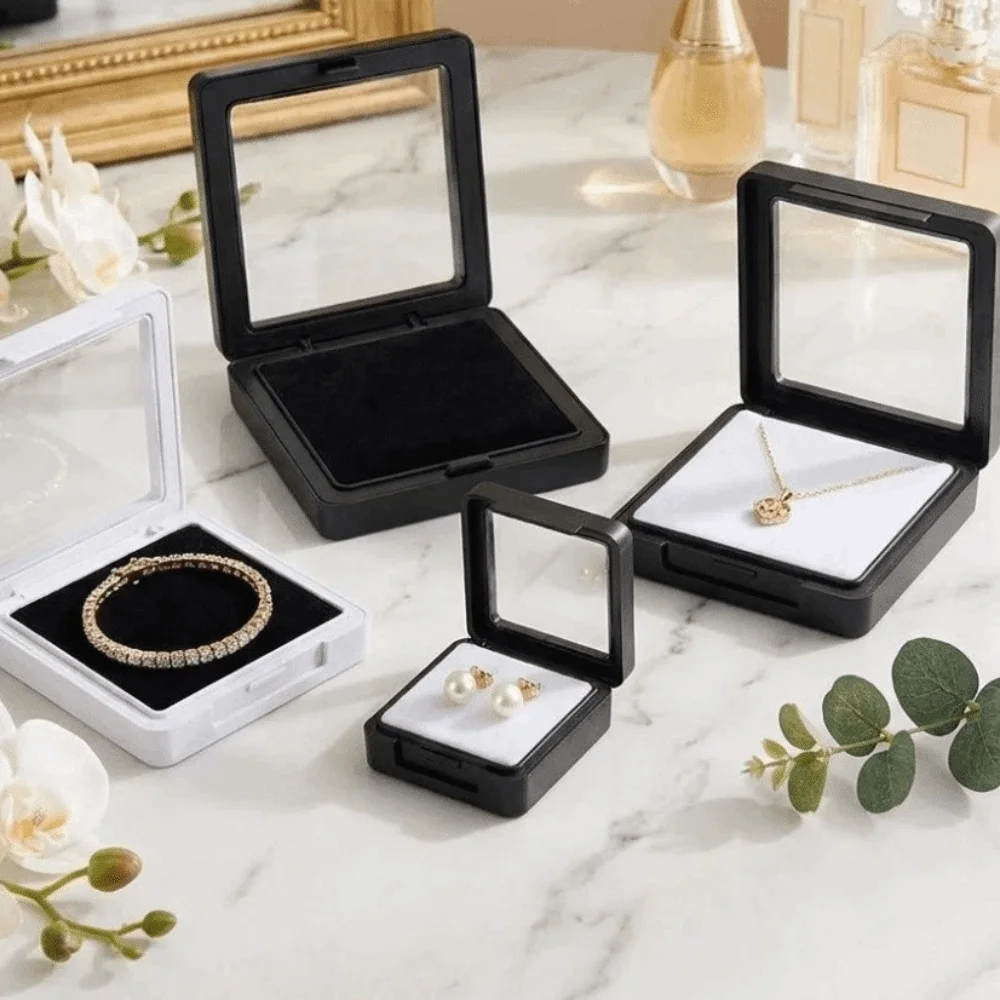 Showcase Transparent Rhinestone Jar Box Flip Lid Black Gemstone Holder White Acrylic Jewelry Show Storage