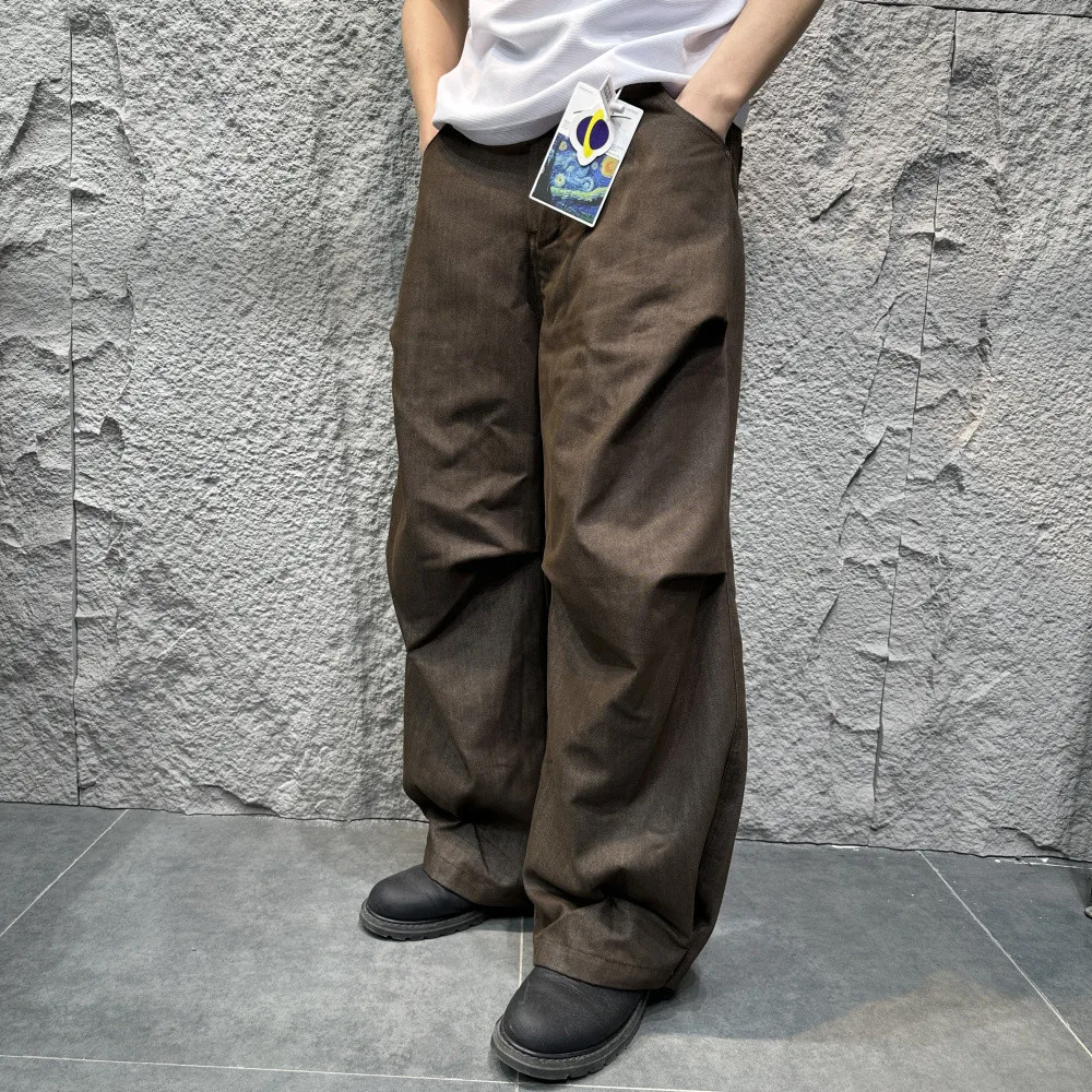Loose Wide Leg Pants Men's Lazy Style Washed down Straight Leg Trousers Trendy Spring Cotton Polyester Lyocell Blend