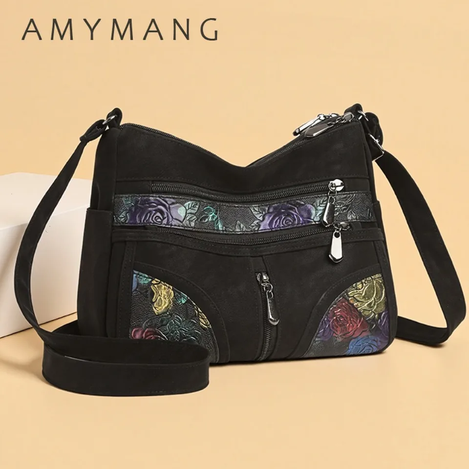 Women Soft Leather Messenger Shoulder Handbags And Purses Flowers Multi-pocket Crossbody Mommy Bag Ladies Sac