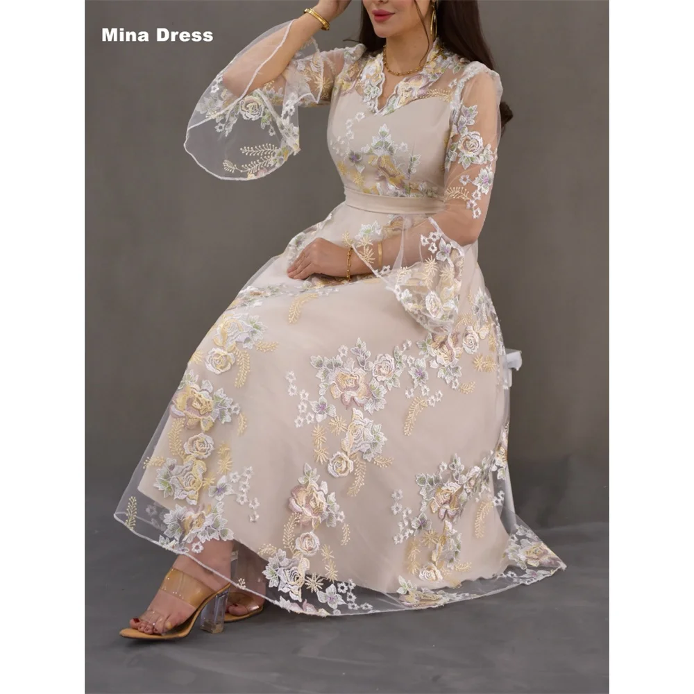 Mina Customized Light Yellow Floral Puff Long Sleeve V-neck Elegant Party Dresses for Special Occasions Women's Evening Dress