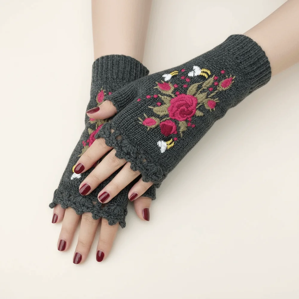 Cute Vintage Embroidery Knitted Gloves Bee Half Finger Winter Wool Gloves Floral Windproof Fingerless Gloves Girls