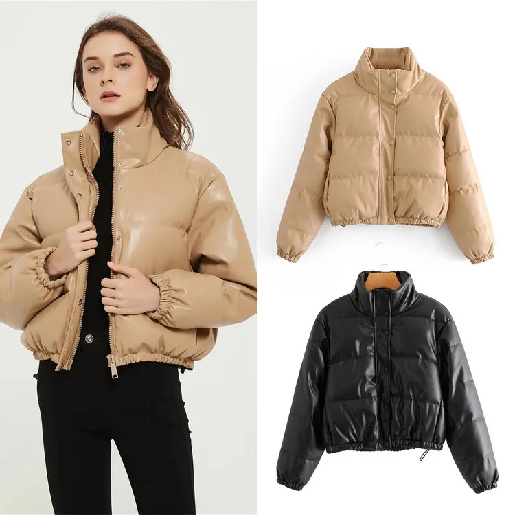 Women's Short Stand Collar PU Leather Jacket Cotton Padded Commute Coat Warm Winter Outerwear