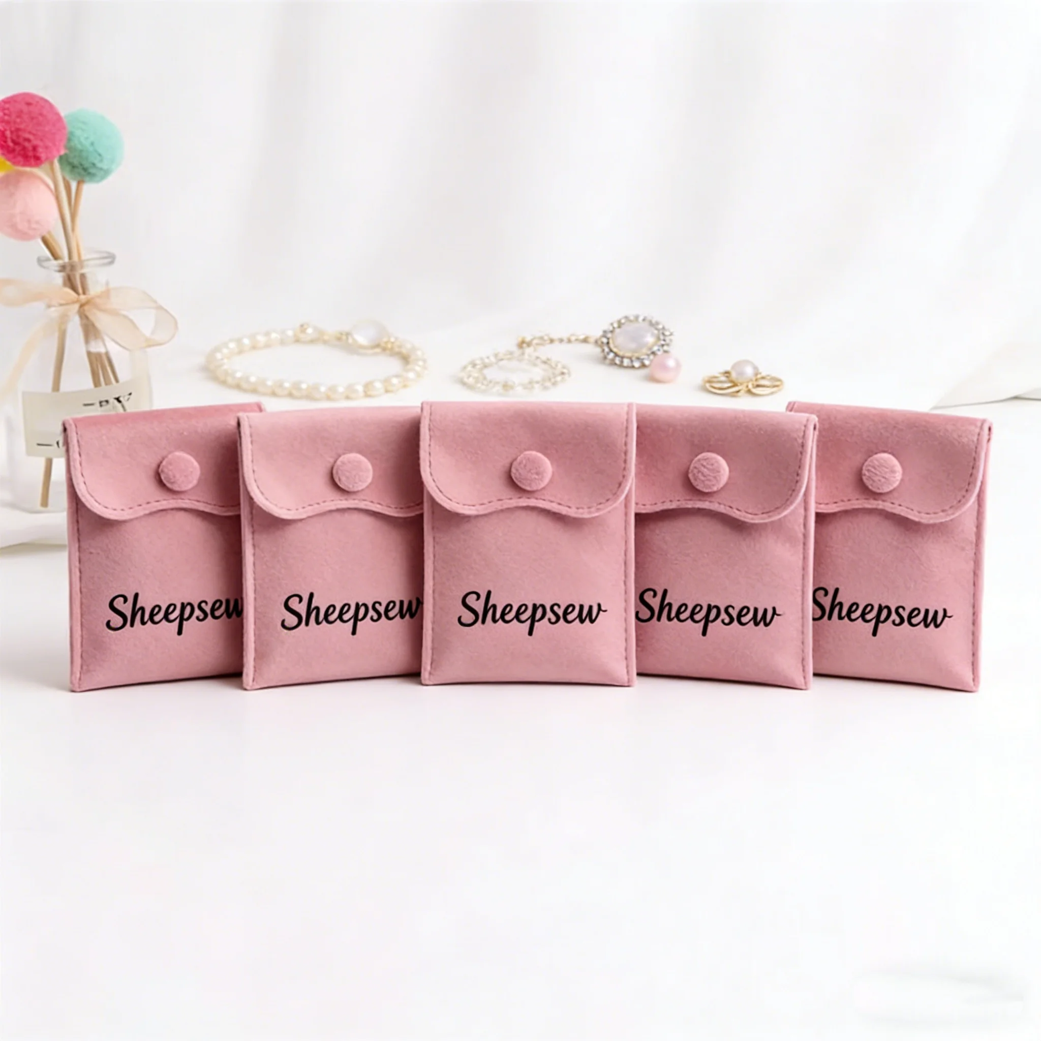 Personalization Jewelry Beige Snap Bag Soft Velvet Button 10x10 Pouch Jewellery Packaging Wedding Ring Earring Necklace Gift Bag