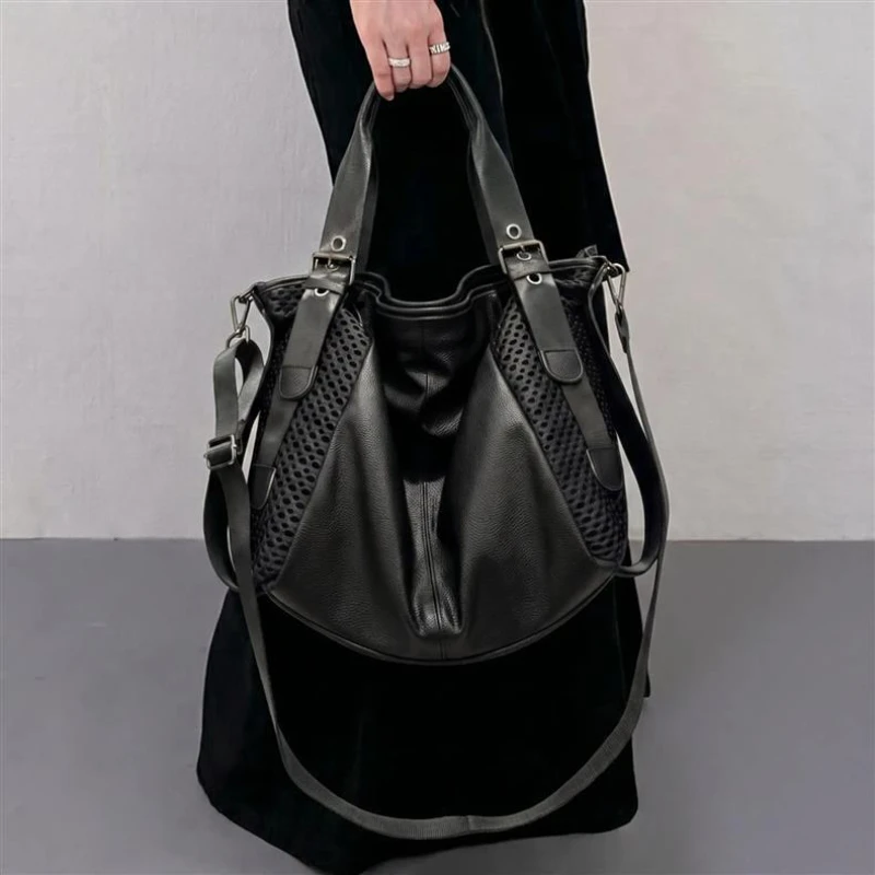 Y2k Fashion Tote Bag Hollow Mesh Spliced Faux Leather Handbag Soft Ruched Street Style Shoulder Crossbody Bag