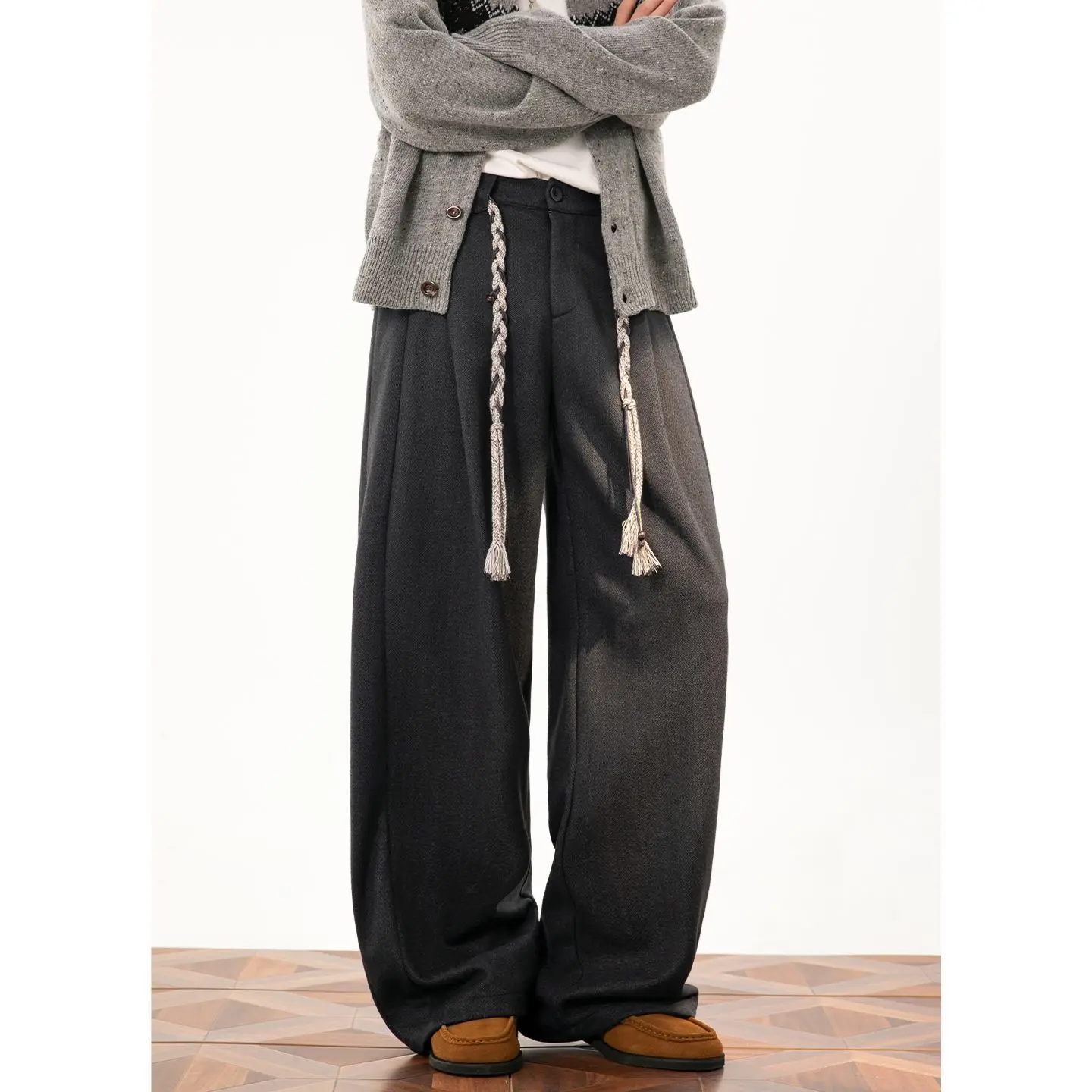 Autumn Winter New Heavy Texture Imitation Wool Straight Loose Belt Men's Wide Leg Pants Twill Classic Pleated Korean Y2K Pants