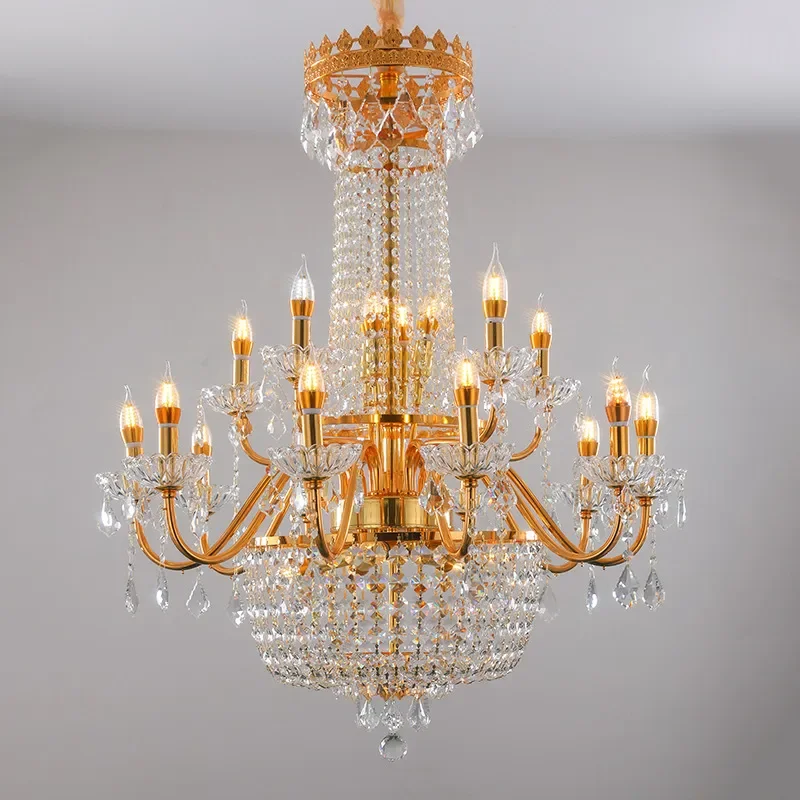 European Crystal Chandelier Golden Wrought Iron Pendant Light for Living Room Dining Room Hotel Clubhouse Hall Villa