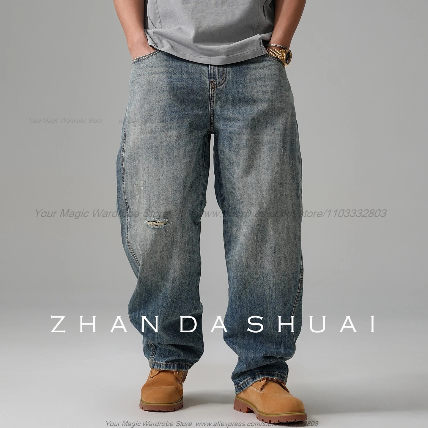 Vintage Distressed Post-Apocalyptic Wasteland Style Ripped Jeans Men's Straight Loose All-Match Textured Wide-Leg Pants Fashion