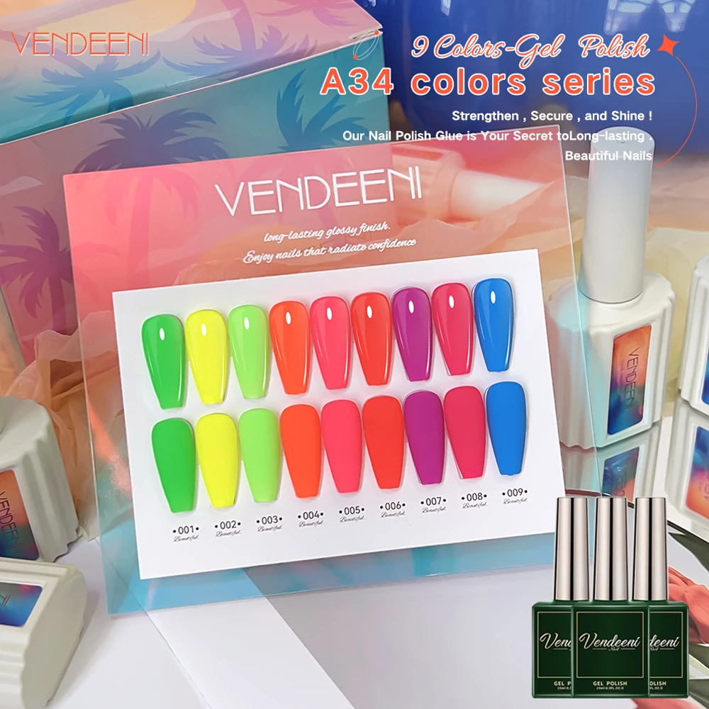 Vendeeni 9 Colors/Set Colorful Gel Nail Polish Semi Permanent UV LED Soak Off Gel Varnish Rainbow Color Gel Lacquer With Display