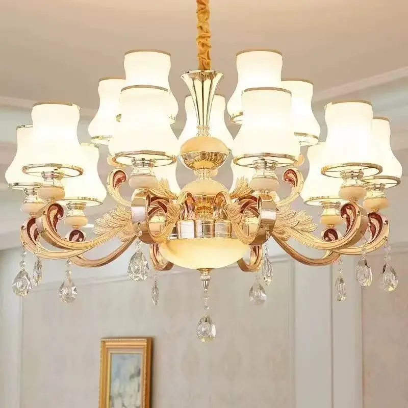 European Retro Crystal Chandelier Multi Head LED Glass Lampshade Chandelier Living Room Dining Room Villa Luxury Chandelier