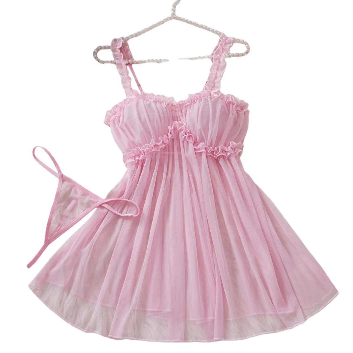 Pink Lace Nightgown for Women Soft Fairy Style Sleep Dress Breathable Home Wear Pyjama