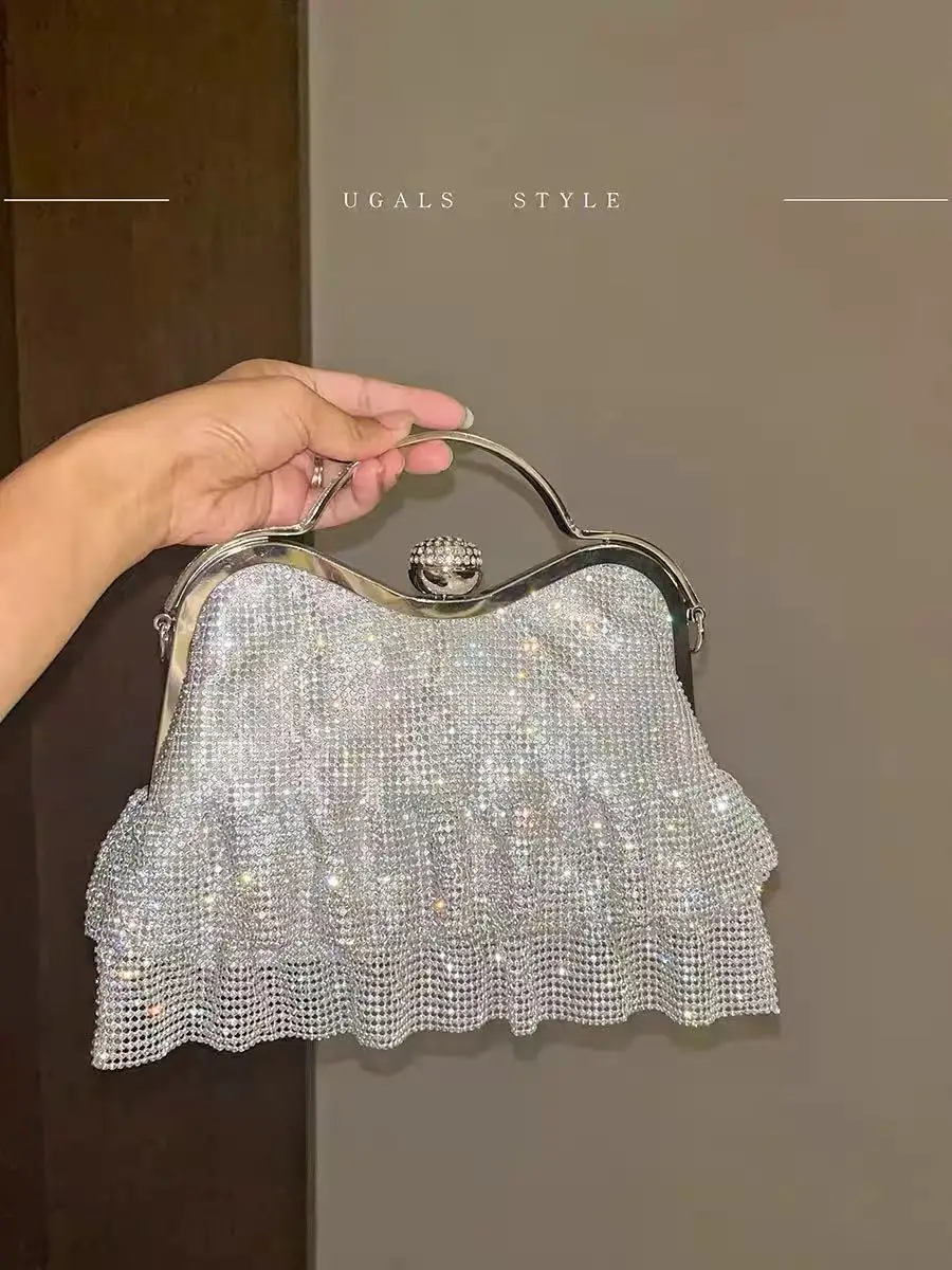 Glitter Rhinestones Diamond Pleated Evening Bag Luxury Fashion Banquet Bag Women Handbag Wedding Party Clutch Purse Shoulder Bag