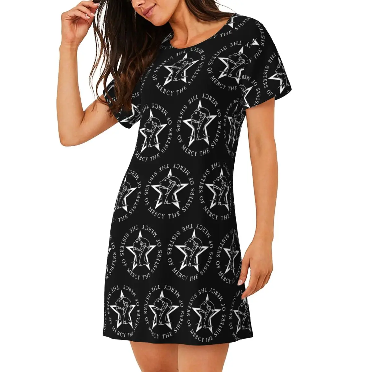 Round Text Logo Goth The Sisters Of Mercy Short Sleeves Nightdress For Sleeping Women Short Sleeve Nightgowns Loose Pajama Dress